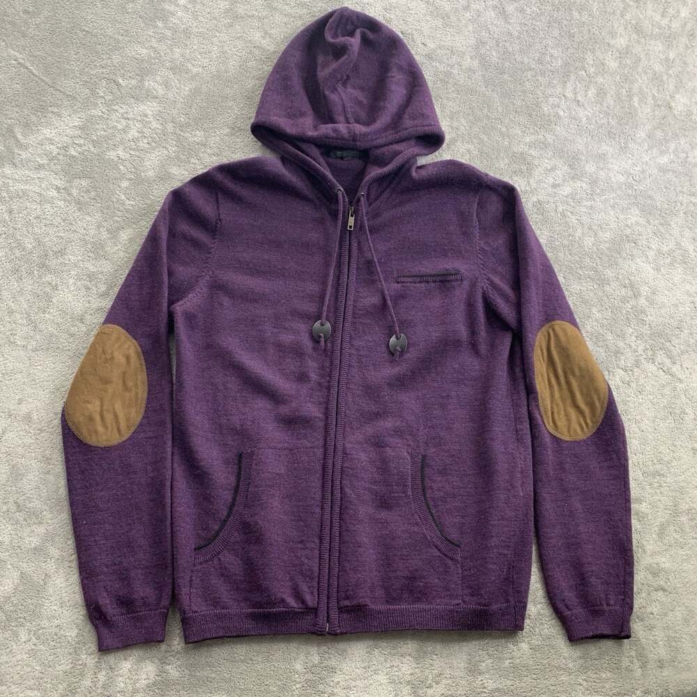 Jack & Jones Jacket Mens Small Purple Merino Wool Elbow Patches Full Zip Hoodie
